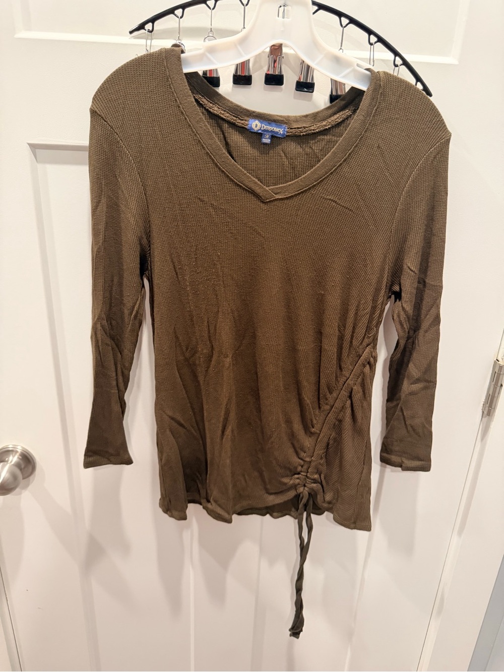 Democracy Brown Waffle Knit Ruched Drawstring Long Sleeve Top Medium